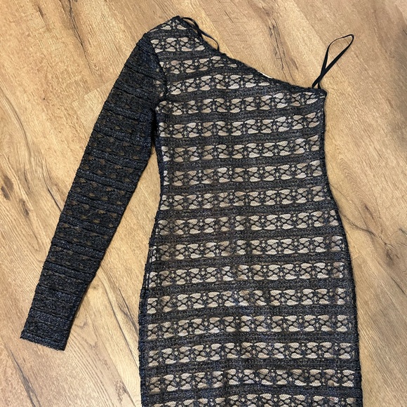 Bebe (Small) single sleeve dress.Sleeve see-through. black mesh w/tan lining. - Picture 7 of 9